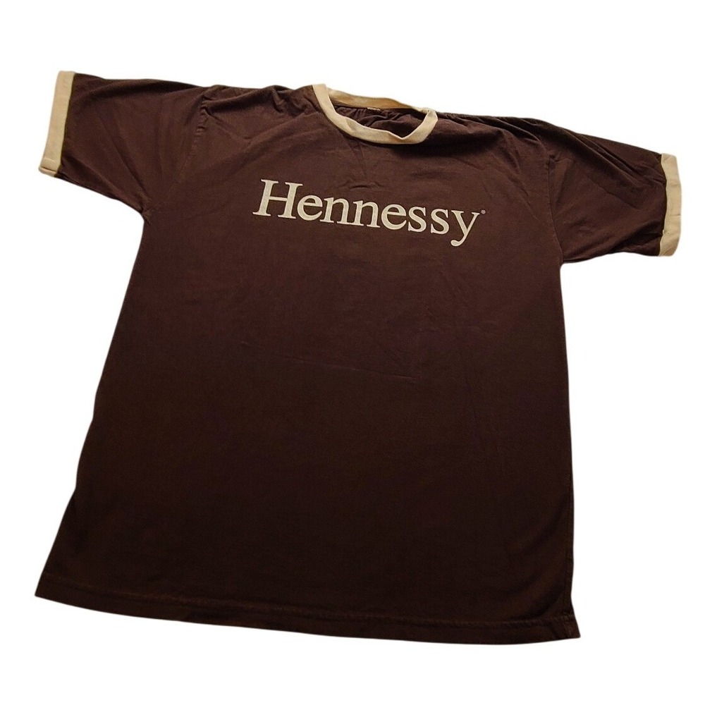 Hennessy Cognac Ringer T-Shirt Men's Brown Cream Logo Promo Tee Short Sleeve